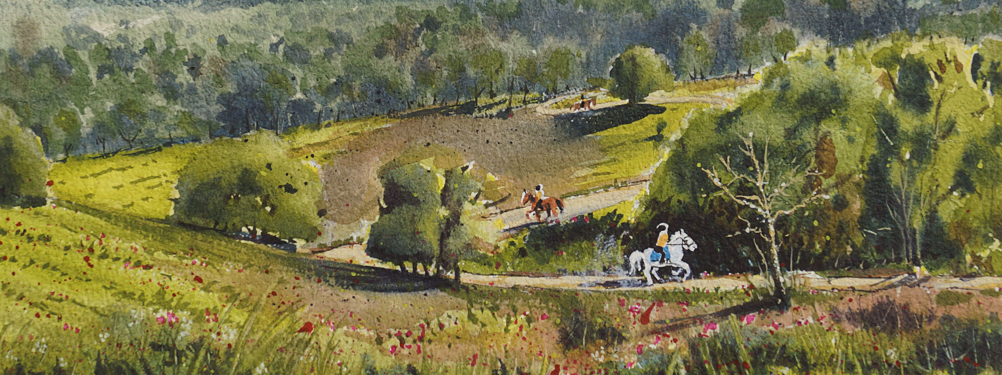 Origineel aquarel landschap van ruiters te paard op een landelijk pad op de Veluwe, omringd door groene heuvels, bomen en veldbloemen.
